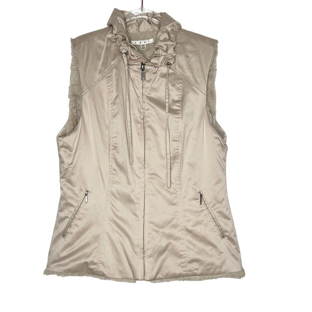 CABI Reversible Vest Faux Sherpa Lined Zip Up Satin Champagne Beige Size Medium